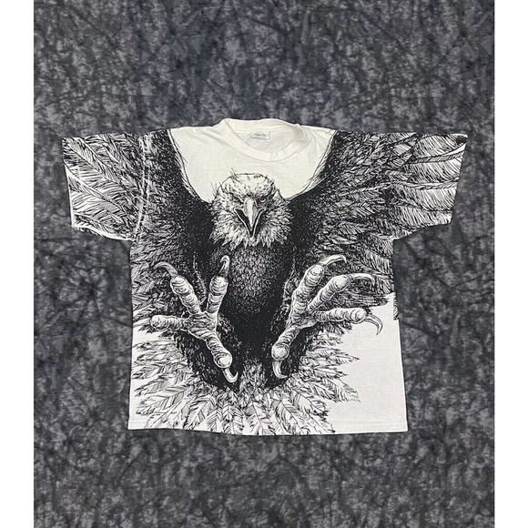 Vintage Bald Eagle Single Stitch All Over Print T-Shirt AOP XLarge Black White - Picture 1 of 11